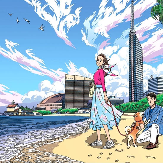 わたせせいぞうの絵画作品　タイトルは、ふたりのシーサイドストーリーinももち